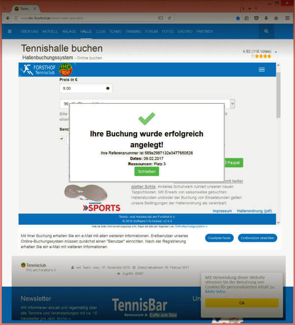 Screenshot Reservierungssystem: Die erfolgreiche Online-Zahlung wird bestätigt.